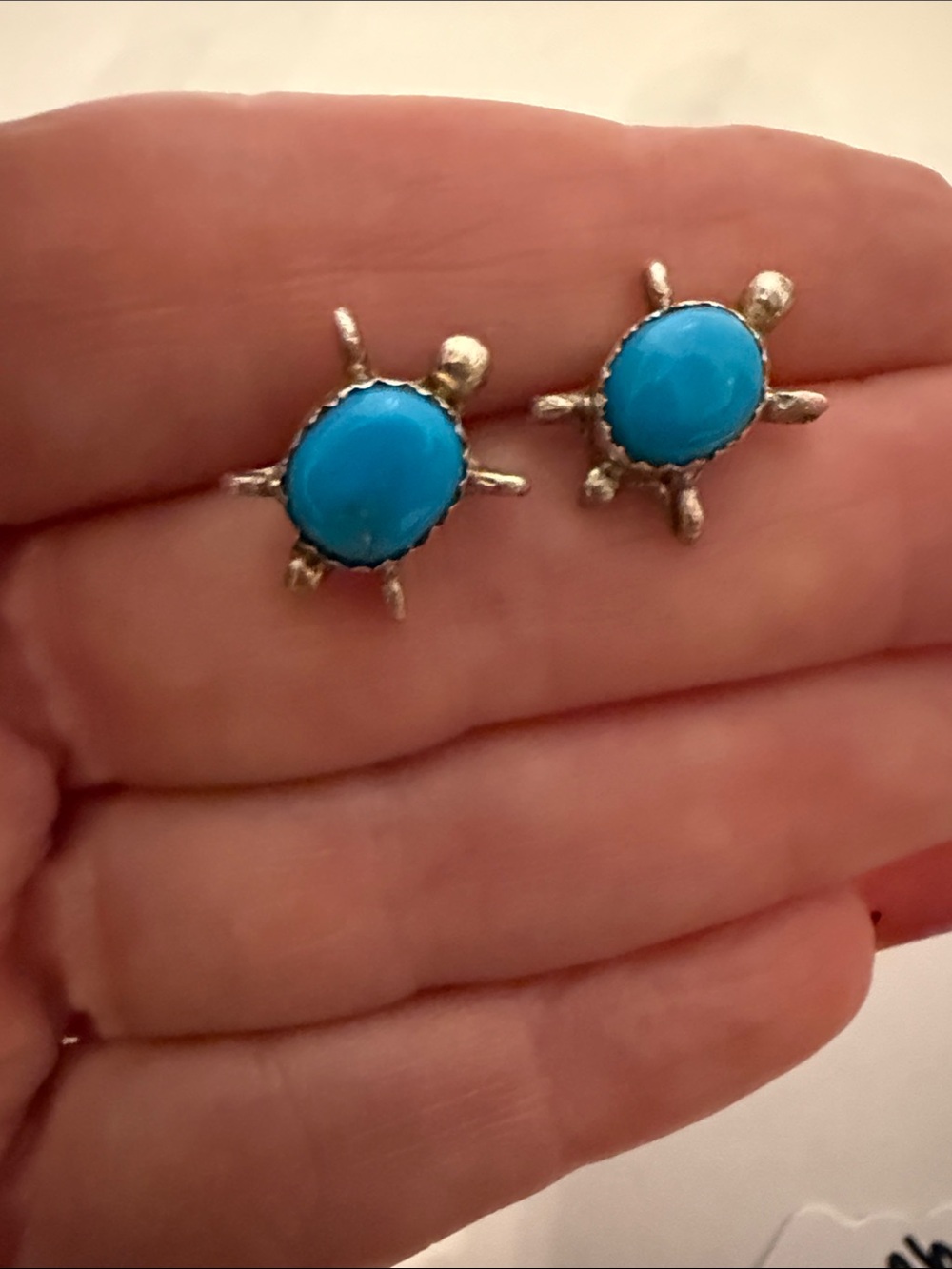SR VINTAGE EARRINGS STERLING SILVER TURTLE TURQUOISE CABOCHON SOUTHWESTERN